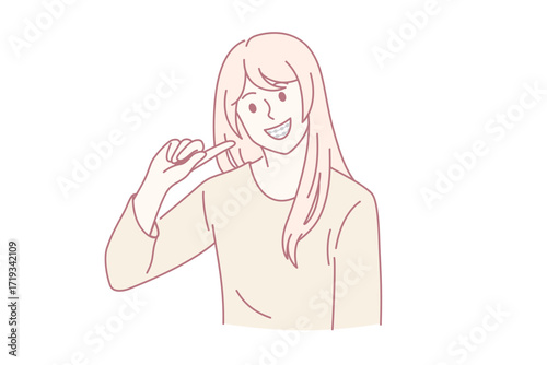 Problems with teeth and dental crisis concept. Young smiling girl cartoon character standing pointing at her bad black teeth with cavity vector illustration