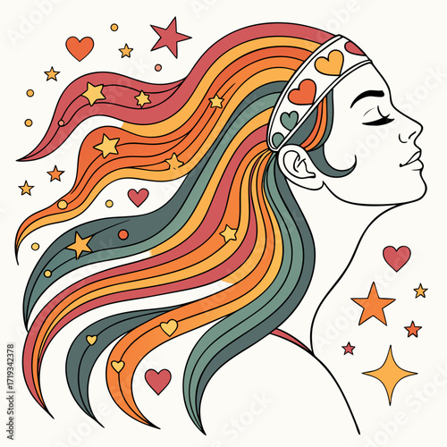 Profile of a serene woman with rainbow-striped hair adorned with stars and hearts, wearing a heart-patterned headband, evoking a retro, dreamy ambiance.
