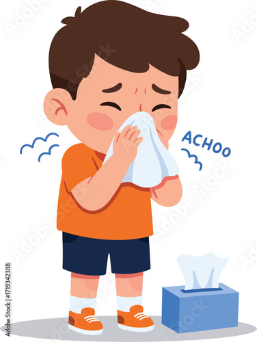 Cartoon Style Boy with Flu Blowing Nose with Tissue Illustration