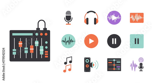 Colorful flat vector icons for audio recording and music production.