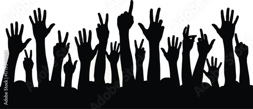 Silhouette of many hands raised in the air, some gesturing with fingers.