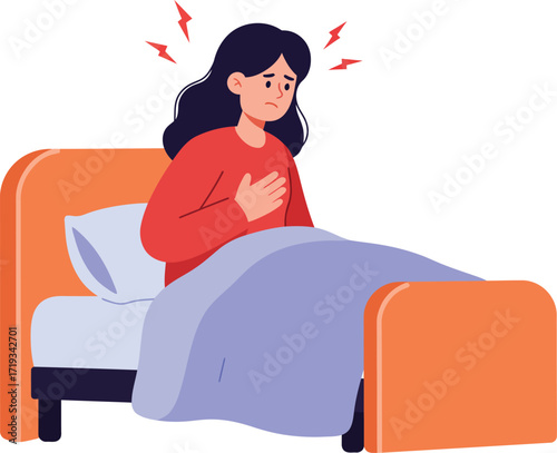 Flat Illustration Sick Woman Experiencing Chest Pain in Bed at Home