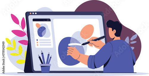 Illustration of a person using a stylus on a tablet to create a digital design with abstract shapes and a minimalist aesthetic.