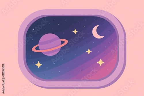 Cute Pastel Spaceship Window View of Galaxy