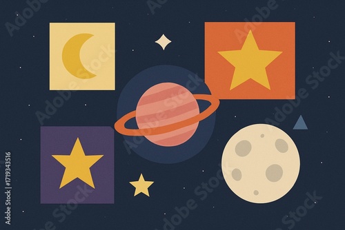 Retro Geometric Space Illustration with Planets and Stars