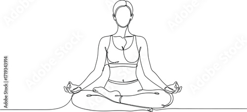 Minimalist line art illustration of a woman in lotus position, meditating with hands in mudra.