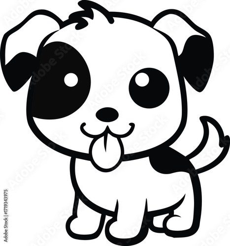 A Cute Cartoon Black and White Puppy Dog with Floppy Ears and Tongue Sticking Out canine animal