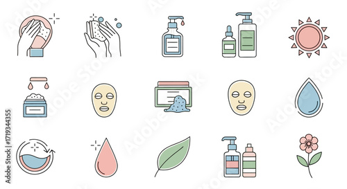 Colorful Skincare and Beauty Routine Line Art Icon Set.