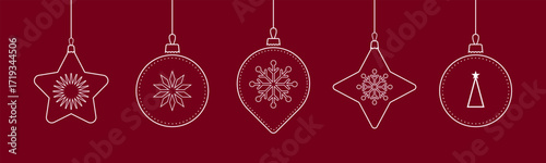 Icons of Christmas balls isolated on a red background. Horizontal festive Christmas card or banner.