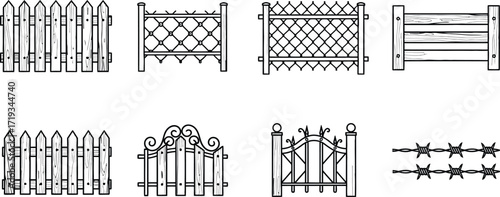 Collection of eight fence and barrier designs, including picket, wire, and barbed wire styles.