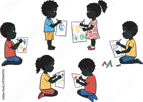 Group of children happily drawing colorful pictures with crayons, creative kids activity, early learning, preschool art, fun childhood education