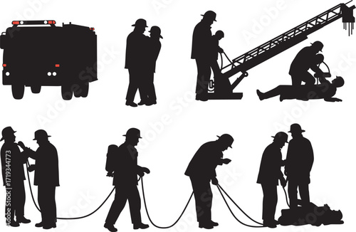 Firefighters with fire trucks in action, emergency rescue operation team, fire safety equipment, professional fire department workers, firefighter uniform illustration design