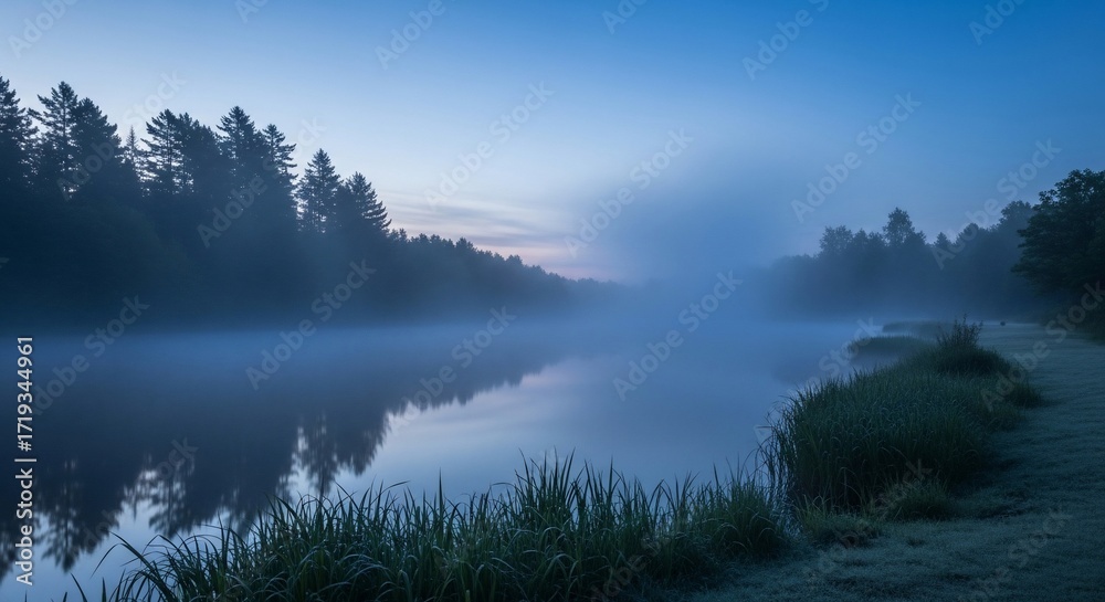 Fototapeta premium Serene Misty River Scene at Dawn with Calm Water and Foggy Landscape