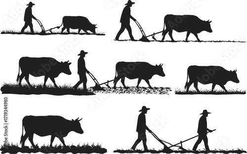 Silhouette farmer plowing field with oxen, traditional agriculture work, rural farming lifestyle, village cultivation scene, countryside farm animal illustration design