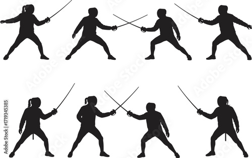Silhouette fencing athletes practicing sword combat, martial arts warriors with swords, sport training action poses, duel fighting illustration, isolated black figures