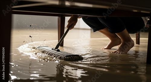 Person Mopping a Flooded Dirty Floor with Splashing Water Indoors