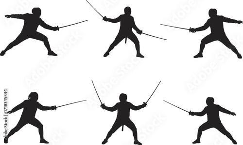 Silhouette fencing athletes practicing sword combat, martial arts warriors with swords, sport training action poses, duel fighting illustration, isolated black figures