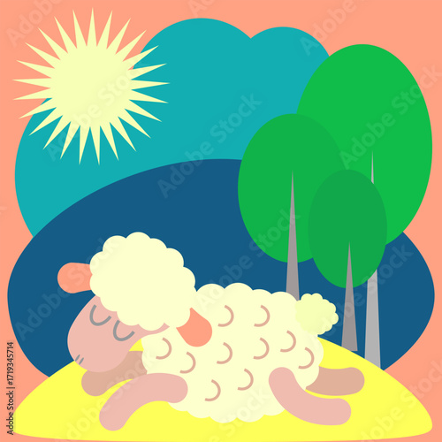 ship. A sleepy sheep in a forest clearing day 