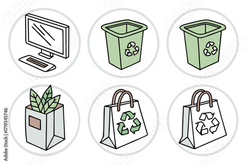 Recycle bin trash can icon set with various vector symbols and web design elements