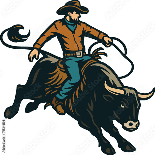 Dynamic cowboy bull ride, western sport action