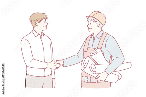 Cooperation between management and engineering concept. Young smiling men engineer constructor and manager customer standing shaking hands after successful collaboration vector illustration