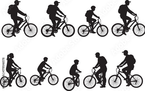 Silhouette people riding bicycles with backpacks, family cycling outdoor activity, healthy lifestyle, fitness exercise, leisure travel sport, bicycle silhouette illustration design