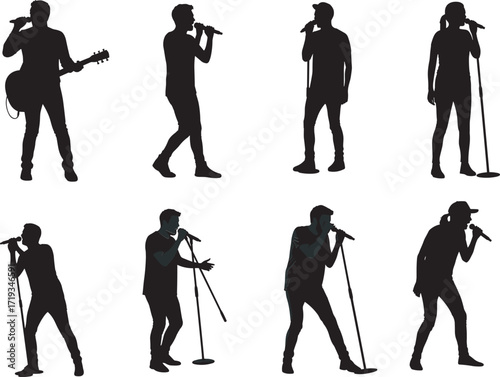 Silhouette singers performing with microphones and guitar on stage, music concert performers, live band entertainment, artistic black silhouette illustration design