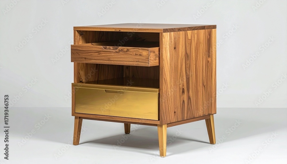 Fototapeta premium Modern wooden nightstand with two gold-accented drawers and open shelf—clean lines, tapered legs, and functional design on neutral background.