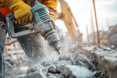 Construction worker using a jackhammer to break concrete on a demolition site