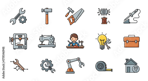Diverse collection of DIY tools and maker technology icons.