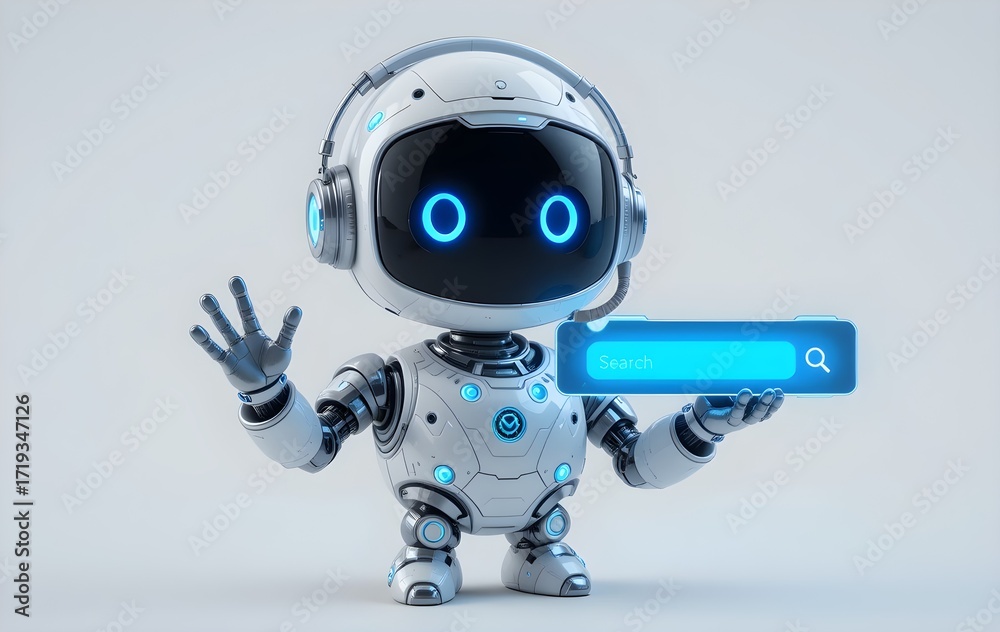 Naklejka premium Futuristic Artificial Intelligence Robot with Glowing Blue Eyes and Headset Using Virtual Search Bar Technology Concept in Modern Digital Innovation Design