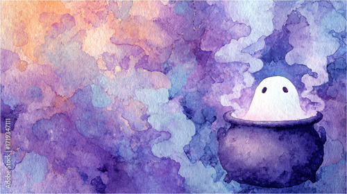 Watercolor clipart, whimsical sheet ghost and a cauldron, the cauldron has pastel purple smoke coming out of it. - Halloween wallpaper