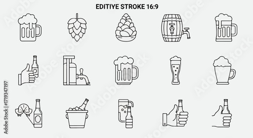 A flat lay of various Oktoberfest Celebration icons and symbols, including beer glasses, bottles, and hops, arranged in a grid on a clean white background with a festive mood.