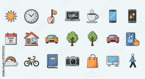 A collection of colorful flat design icons depicting various objects and concepts related to daily life, work, and leisure.
