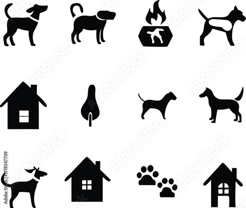 Grid of black and white icons featuring dogs, houses, and paw prints canine puppy