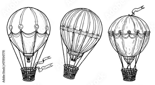 Balloon with a wicker basket, black and white ink sketch. Vector illustration. Balloon with ribbons, set, isolated on a white background. For postcards, children's books, and textile printing