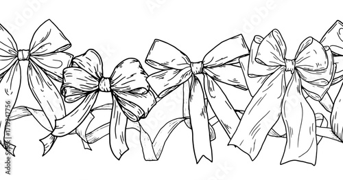 Elegant bow and ribbons, black and white sketch. Vector illustration. Seamless horizontal curb is isolated on a white background. For printing on textiles, for postcards, invitations, banners