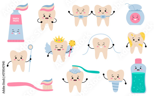 Cute tooth and care characters set. Set of teeth, braces,  toothbrushe and paste. Mascots for dentistry and pediatric.