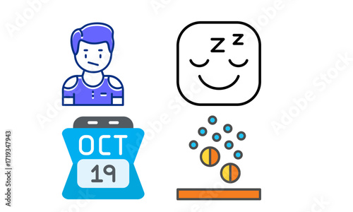 Image depicting a person with insomnia, sleep, a calendar, and pills, suggesting a treatment.