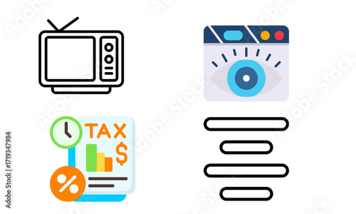 A collection of four distinct icons representing television, online privacy, tax documents, and text alignment.