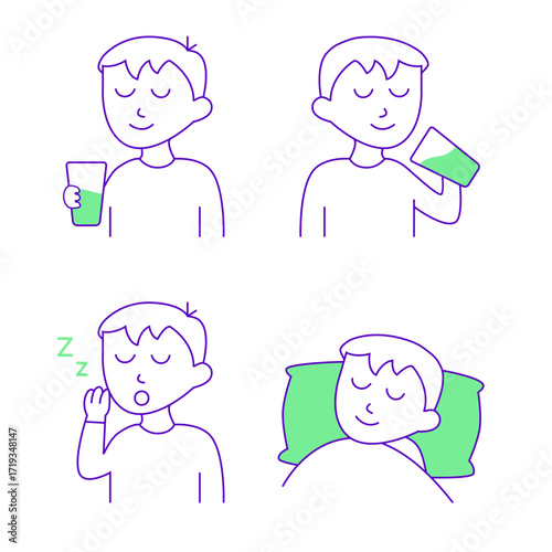 set of funny cartoon man. Daily Routine Activities Sleepy and Drinking Illustration.