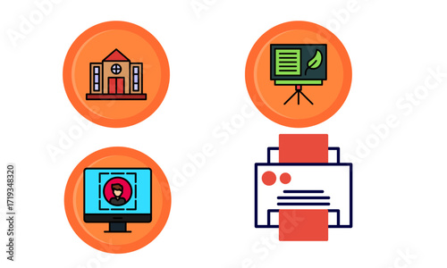 Four circular icons depicting school building, presentation board, computer with profile, and printer.