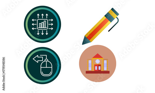 Four distinct icons representing data analysis, writing, digital interaction, and institutional buildings.
