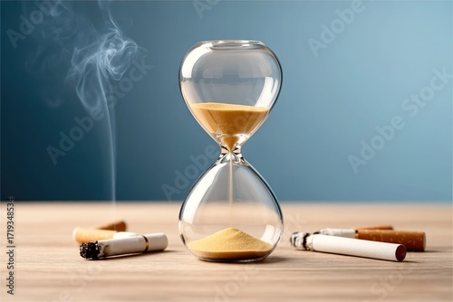 hourglass with burnt cigarette around. Inevitable health problem from smoking