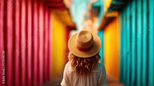 Fototapeta Naklejka Na Ścianę i Meble -  A woman with a straw hat walks through a vibrant and colorful alley, embodying the spirit of adventure, creativity, and exploration in a lively urban setting.