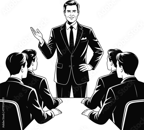 Business Leader Presenting to Team Vector Illustration Symbolizing Guidance, Strategy, and Corporate Vision