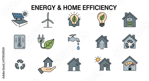 Energy and Home Efficiency Icons - Solar Panels, Wind Turbine, and Green Energy.
