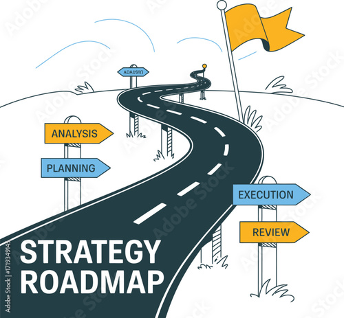 Strategic Roadmap Illustration Guiding Business Success with Analysis, Planning, Execution, and Review