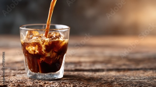 A close-up shot of cold coffee being poured into a glass filled with ice, capturing the refreshing essence of a perfect drink that delights the senses.