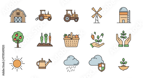 Farming and Agriculture Colorful Line Icon Set.